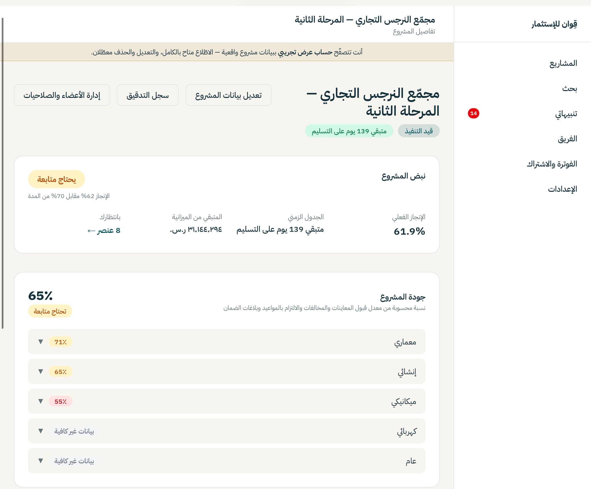 نبض المشروع: يحتاج متابعة، الإنجاز ٦٢٪ مقابل ٧٠٪ من المدة، ومؤشر جودة ٦٥٪ مفصّل بالتخصصات